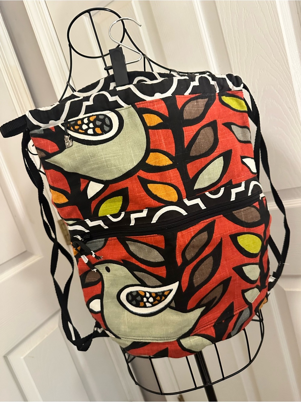 Colorful Birds Handmade Drawstring Backpack with many pockets
